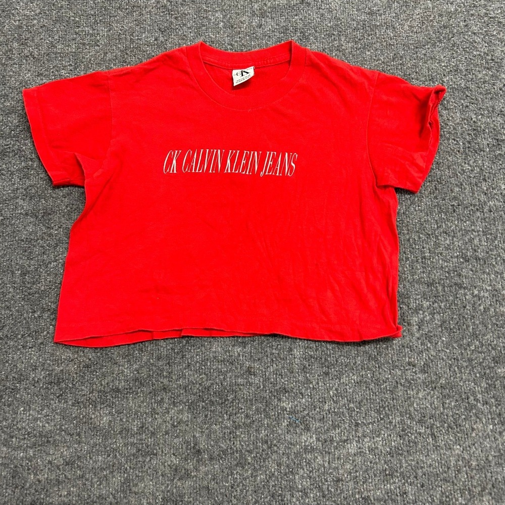 Calvin Klein Jeans T-Shirt Womens OS Red Cropped Cotton USA Logo Boxy Tee